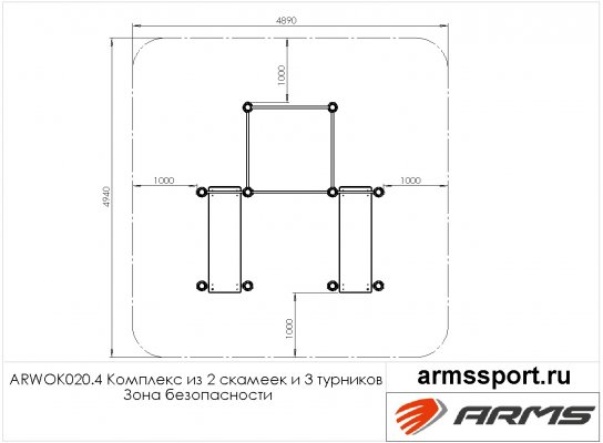 ARWOK020.4 Комплекс из 2 скамеек для пресса и трех турников фото №3