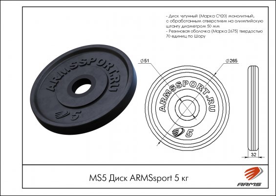 MS5 Диск Олимпийский ARMSsport 5 кг Barbell ЕВРО-КЛАССИК фото №2