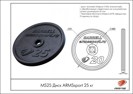 MS25 Диск Олимпийский ARMSsport 25 кг Barbell ЕВРО-КЛАССИК фото №2