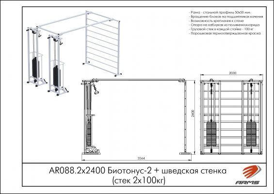 AR088.2х2400 Биотонус-2+шведская стенка (стек 2х100кг) фото №2