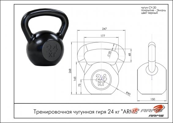 ARMS КТ24 Тренировочная чугунная гиря 24 кг фото №2